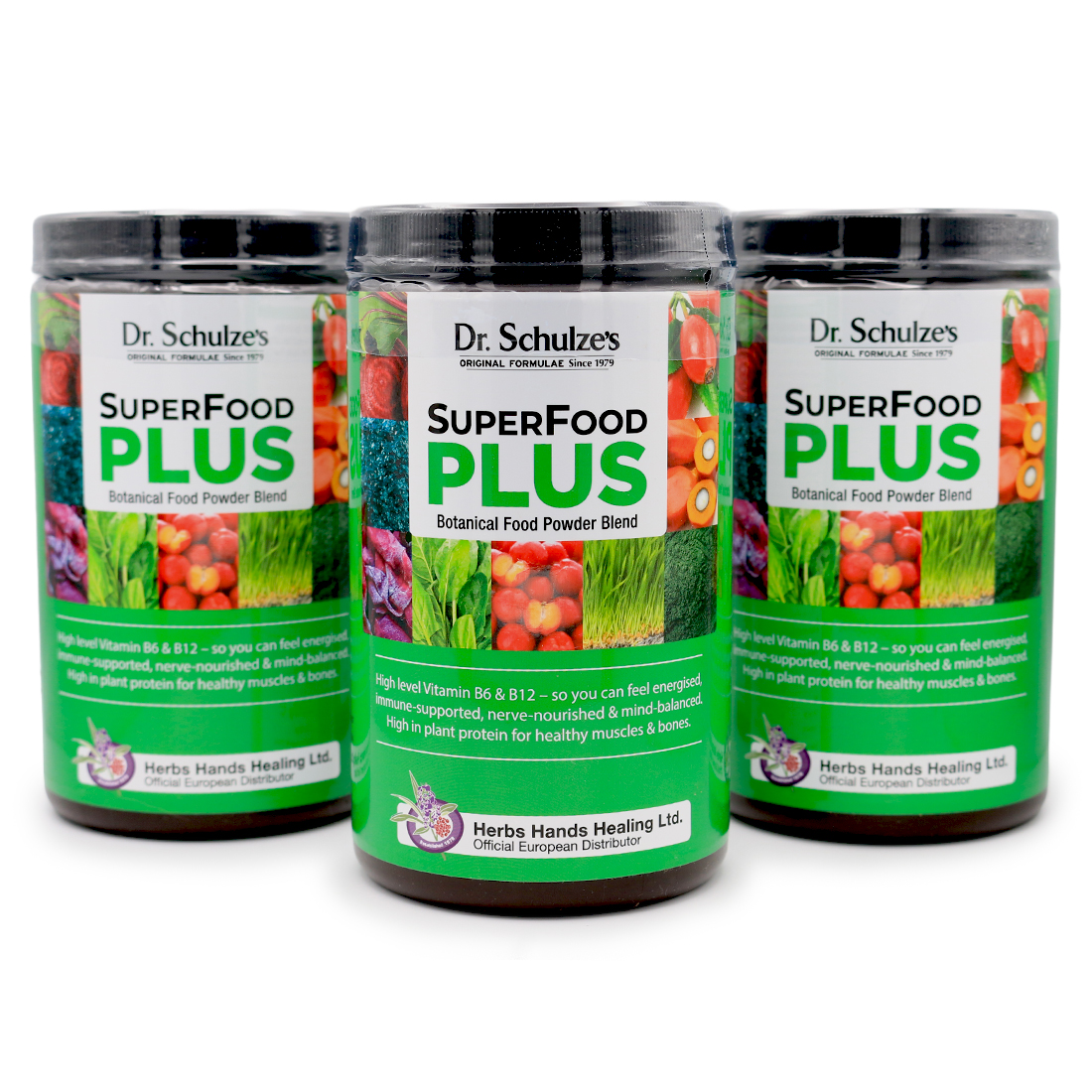 Three tubs of Dr. Schulze's Superfood Plus