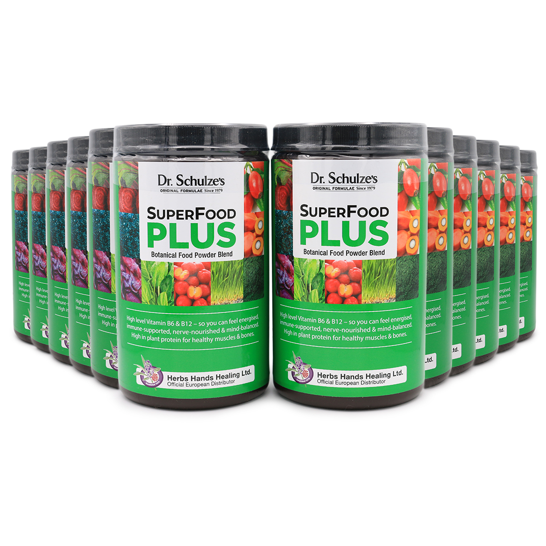 Twelve tubs of Dr. Schulze's Superfood Plus